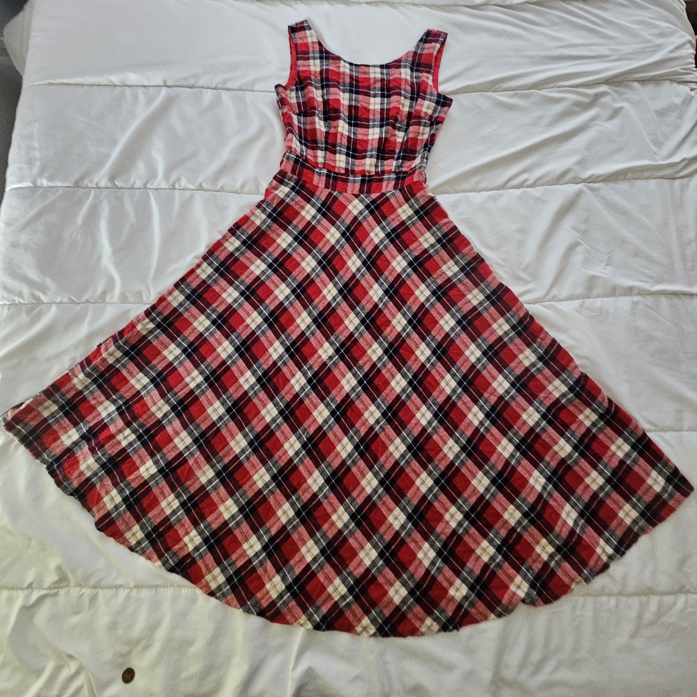 Red plaid midi sleeveless circle skirt a-line dress